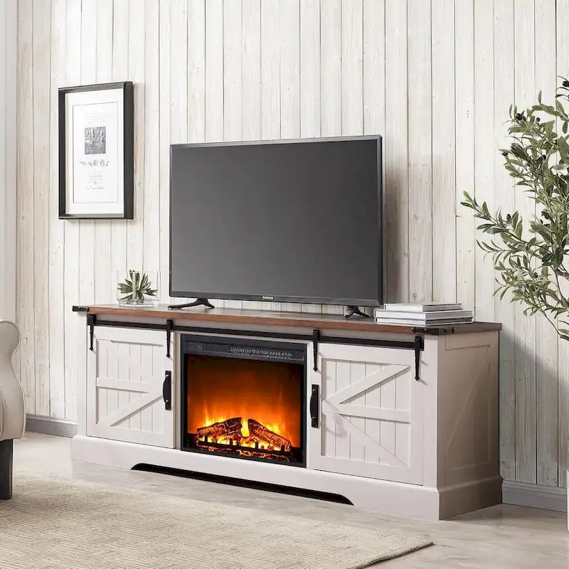 66" Farmhouse TV Stand with Electric Fireplace, Sliding Barn Doors, 75" TV, 4600 BTU, Remote Control, Rustic Style