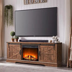 66" Farmhouse TV Stand with Electric Fireplace, Sliding Barn Doors, 75" TV, 4600 BTU, Remote Control, Rustic Style