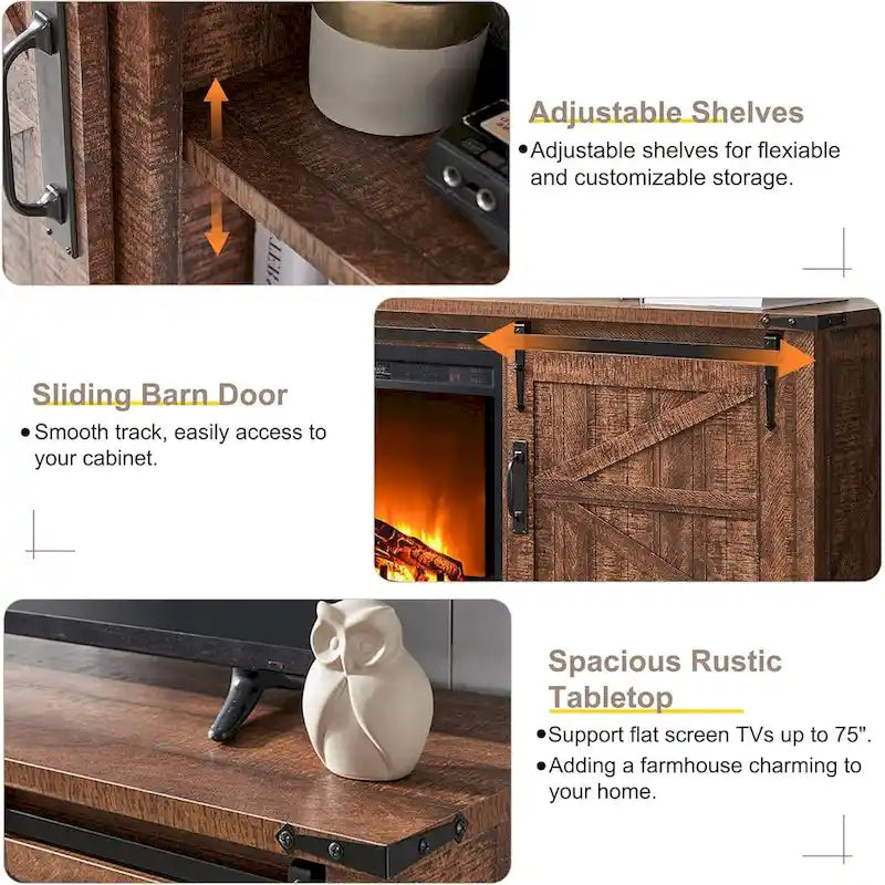 66" Farmhouse TV Stand with Electric Fireplace, Sliding Barn Doors, 75" TV, 4600 BTU, Remote Control, Rustic Style