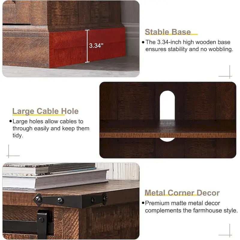 66" Farmhouse TV Stand with Electric Fireplace, Sliding Barn Doors, 75" TV, 4600 BTU, Remote Control, Rustic Style