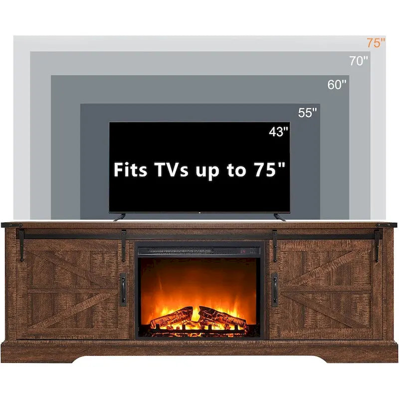 66" Farmhouse TV Stand with Electric Fireplace, Sliding Barn Doors, 75" TV, 4600 BTU, Remote Control, Rustic Style