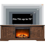 66" Farmhouse TV Stand with Electric Fireplace, Sliding Barn Doors, 75" TV, 4600 BTU, Remote Control, Rustic Style