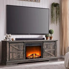 66" Farmhouse TV Stand with Electric Fireplace, Sliding Barn Doors, 75" TV, 4600 BTU, Remote Control, Rustic Style