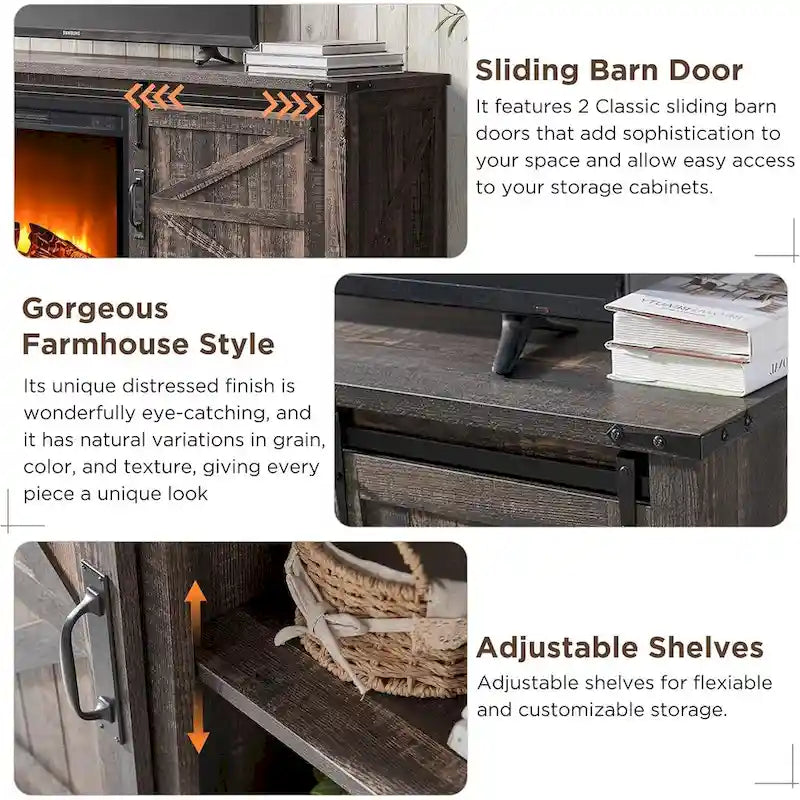 66" Farmhouse TV Stand with Electric Fireplace, Sliding Barn Doors, 75" TV, 4600 BTU, Remote Control, Rustic Style