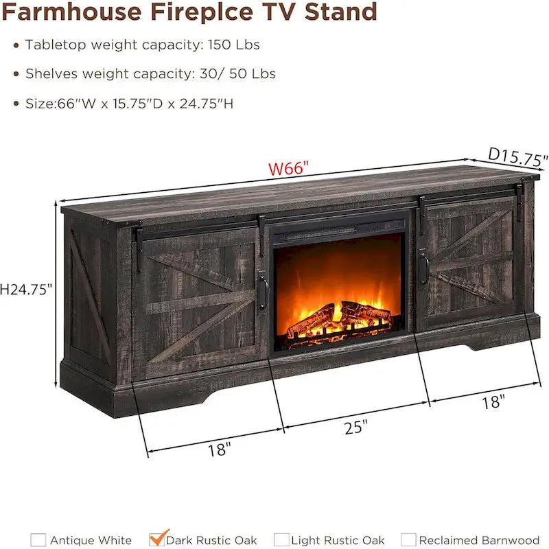 66" Farmhouse TV Stand with Electric Fireplace, Sliding Barn Doors, 75" TV, 4600 BTU, Remote Control, Rustic Style