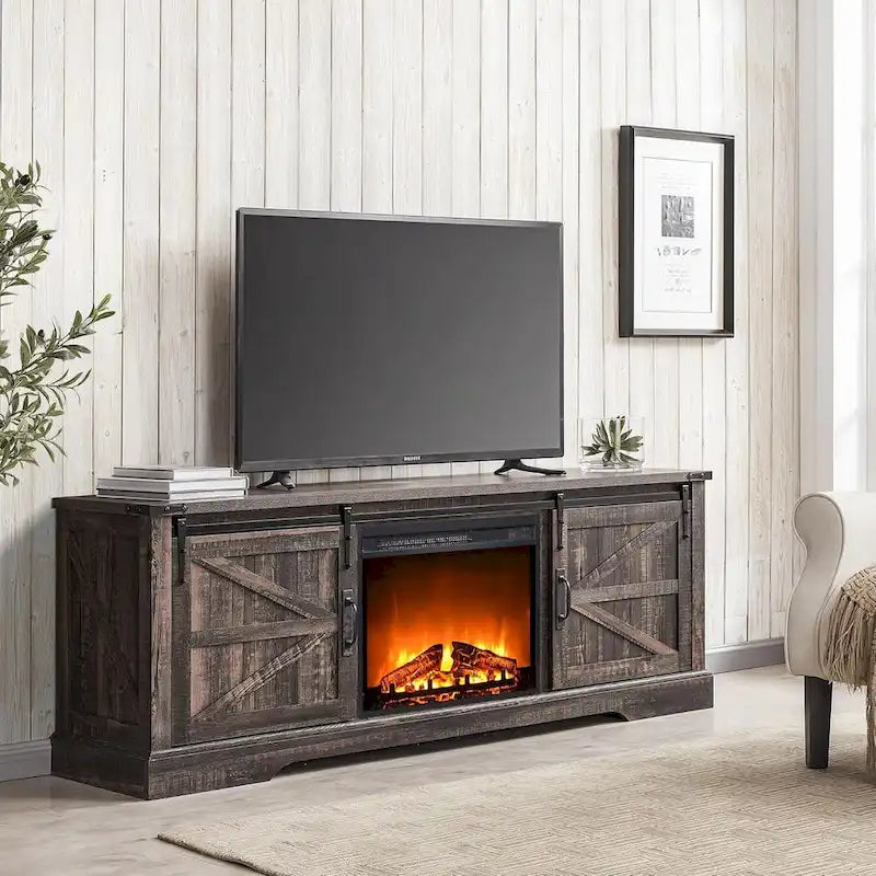 66" Farmhouse TV Stand with Electric Fireplace, Sliding Barn Doors, 75" TV, 4600 BTU, Remote Control, Rustic Style
