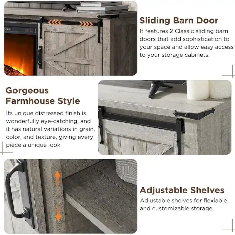 66" Farmhouse TV Stand with Electric Fireplace, Sliding Barn Doors, 75" TV, 4600 BTU, Remote Control, Rustic Style