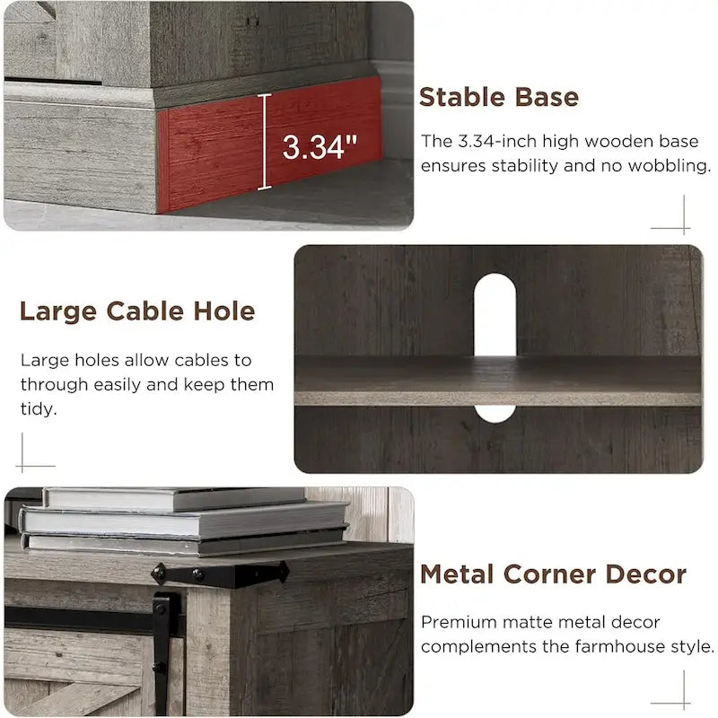 66" Farmhouse TV Stand with Electric Fireplace, Sliding Barn Doors, 75" TV, 4600 BTU, Remote Control, Rustic Style