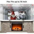 66" Farmhouse TV Stand with Electric Fireplace, Sliding Barn Doors, 75" TV, 4600 BTU, Remote Control, Rustic Style