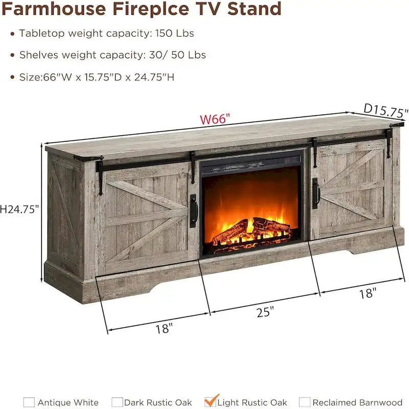 66" Farmhouse TV Stand with Electric Fireplace, Sliding Barn Doors, 75" TV, 4600 BTU, Remote Control, Rustic Style