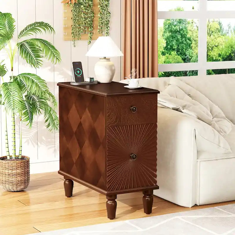 Mid-Century Modern Nightstand with 2 Drawers, Solid Wood Slim Side Table, 23.6"L x 11.8"W x 24"H, Walnut Finish