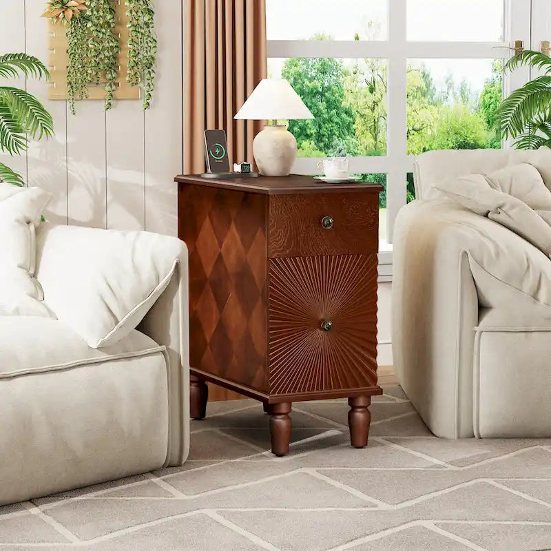 Mid-Century Modern Nightstand with 2 Drawers, Solid Wood Slim Side Table, 23.6"L x 11.8"W x 24"H, Walnut Finish