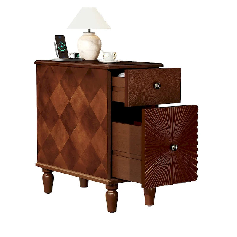 Mid-Century Modern Nightstand with 2 Drawers, Solid Wood Slim Side Table, 23.6"L x 11.8"W x 24"H, Walnut Finish