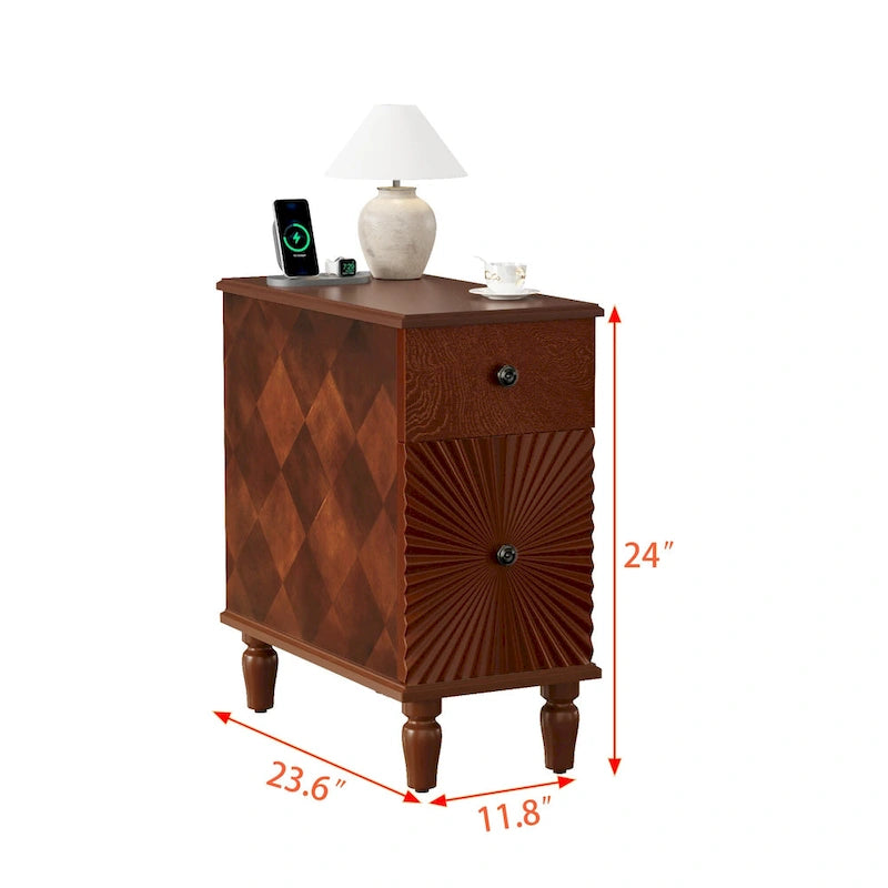 Mid-Century Modern Nightstand with 2 Drawers, Solid Wood Slim Side Table, 23.6"L x 11.8"W x 24"H, Walnut Finish