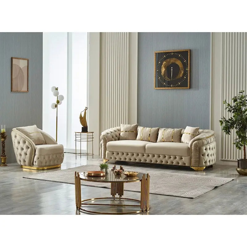 Luxury 3-Piece Living Room Set - 1 Sofa & 2 Chairs, Gold Accents, Decorative Backrest, Metal Legs, Spacious Seating, Modern Elegant