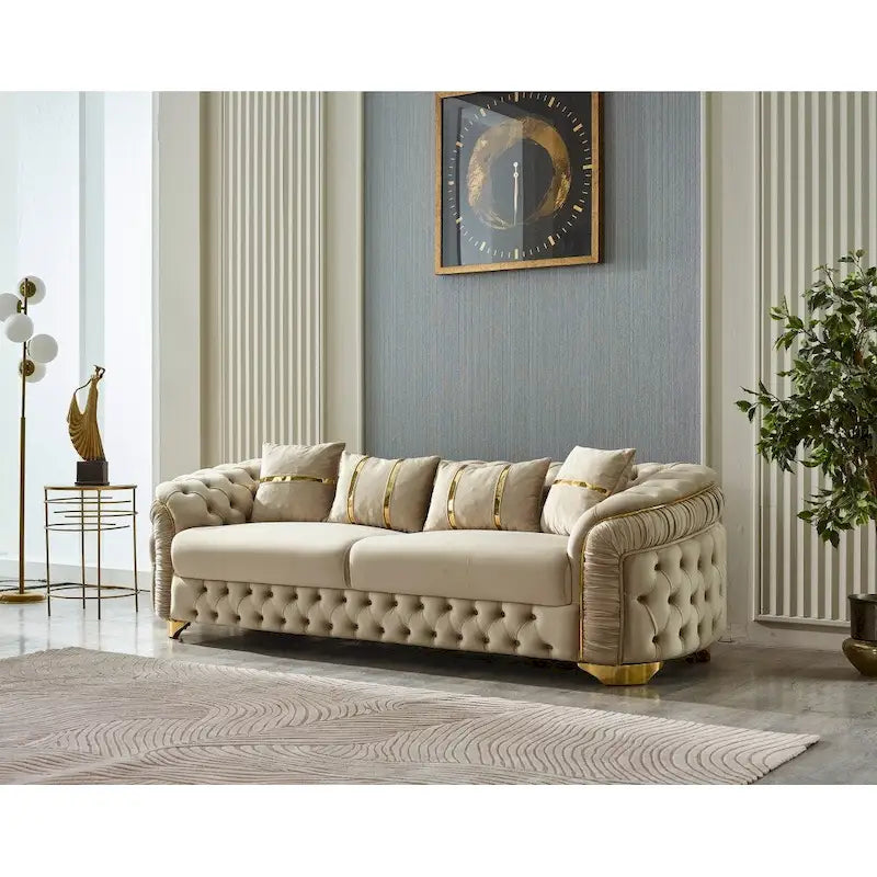 Luxury 3-Piece Living Room Set - 1 Sofa & 2 Chairs, Gold Accents, Decorative Backrest, Metal Legs, Spacious Seating, Modern Elegant