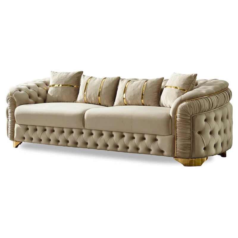 Luxury 3-Piece Living Room Set - 1 Sofa & 2 Chairs, Gold Accents, Decorative Backrest, Metal Legs, Spacious Seating, Modern Elegant