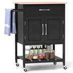 Rolling Kitchen Island Cart - Rubber Wood Top with Drawer, 2-Door Cabinet, Towel Bar, Lockable Wheels, 210 lbs Capacity