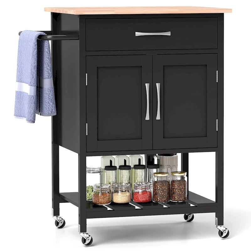 Rolling Kitchen Island Cart - Rubber Wood Top with Drawer, 2-Door Cabinet, Towel Bar, Lockable Wheels, 210 lbs Capacity