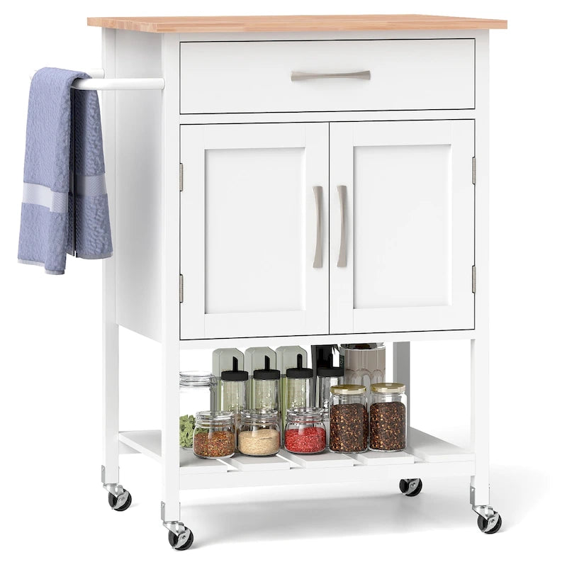Rolling Kitchen Island Cart - Rubber Wood Top with Drawer, 2-Door Cabinet, Towel Bar, Lockable Wheels, 210 lbs Capacity