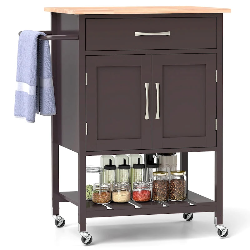 Rolling Kitchen Island Cart - Rubber Wood Top with Drawer, 2-Door Cabinet, Towel Bar, Lockable Wheels, 210 lbs Capacity