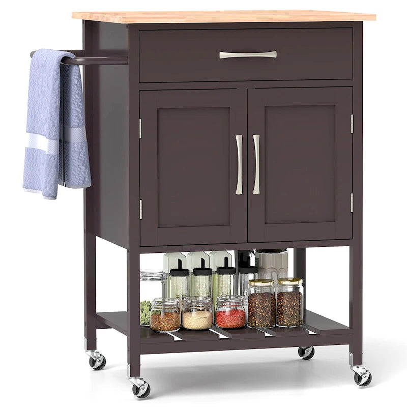 Rolling Kitchen Island Cart - Rubber Wood Top with Drawer, 2-Door Cabinet, Towel Bar, Lockable Wheels, 210 lbs Capacity