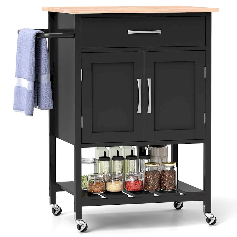Rolling Kitchen Island Cart - Rubber Wood Top with Drawer, 2-Door Cabinet, Towel Bar, Lockable Wheels, 210 lbs Capacity