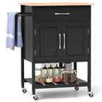 Rolling Kitchen Island Cart - Rubber Wood Top with Drawer, 2-Door Cabinet, Towel Bar, Lockable Wheels, 210 lbs Capacity