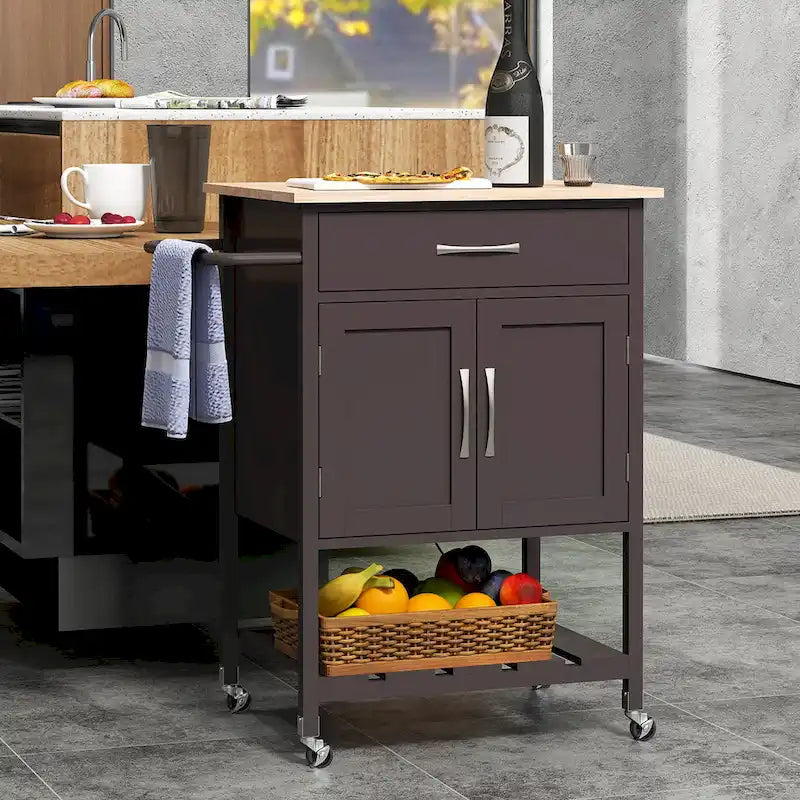 Rolling Kitchen Island Cart - Rubber Wood Top with Drawer, 2-Door Cabinet, Towel Bar, Lockable Wheels, 210 lbs Capacity