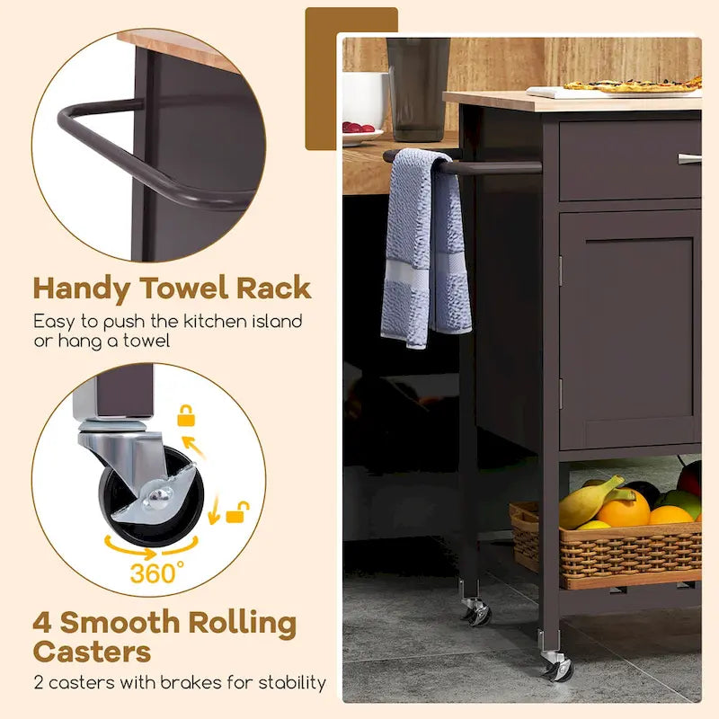 Rolling Kitchen Island Cart - Rubber Wood Top with Drawer, 2-Door Cabinet, Towel Bar, Lockable Wheels, 210 lbs Capacity