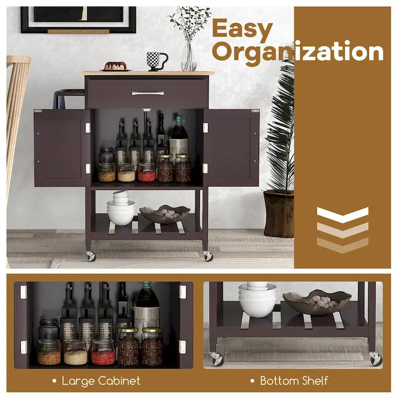 Rolling Kitchen Island Cart - Rubber Wood Top with Drawer, 2-Door Cabinet, Towel Bar, Lockable Wheels, 210 lbs Capacity