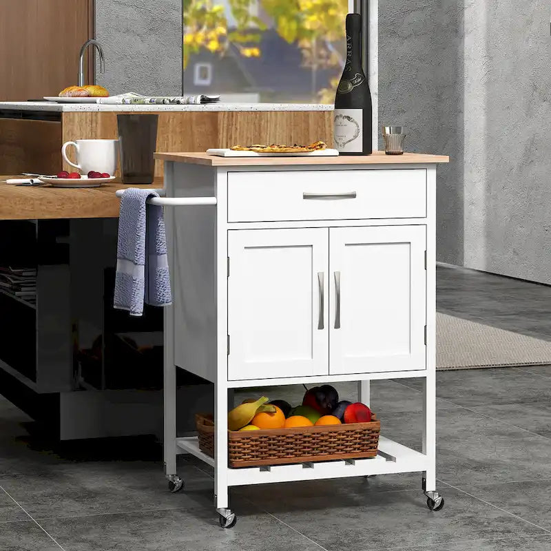 Rolling Kitchen Island Cart - Rubber Wood Top with Drawer, 2-Door Cabinet, Towel Bar, Lockable Wheels, 210 lbs Capacity