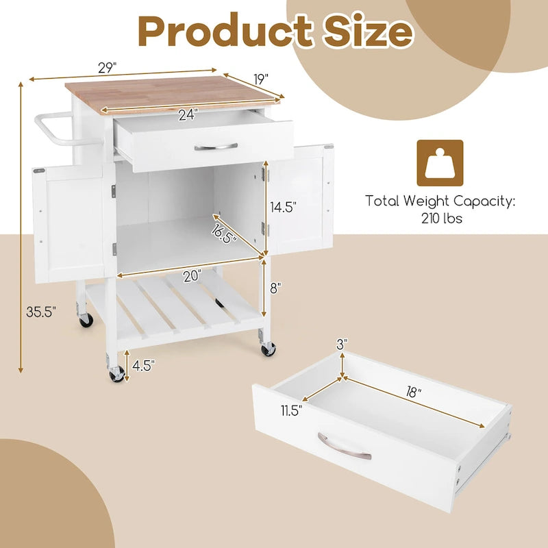 Rolling Kitchen Island Cart - Rubber Wood Top with Drawer, 2-Door Cabinet, Towel Bar, Lockable Wheels, 210 lbs Capacity