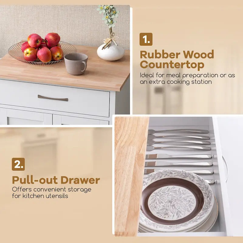 Rolling Kitchen Island Cart - Rubber Wood Top with Drawer, 2-Door Cabinet, Towel Bar, Lockable Wheels, 210 lbs Capacity