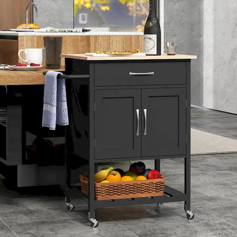 Rolling Kitchen Island Cart - Rubber Wood Top with Drawer, 2-Door Cabinet, Towel Bar, Lockable Wheels, 210 lbs Capacity