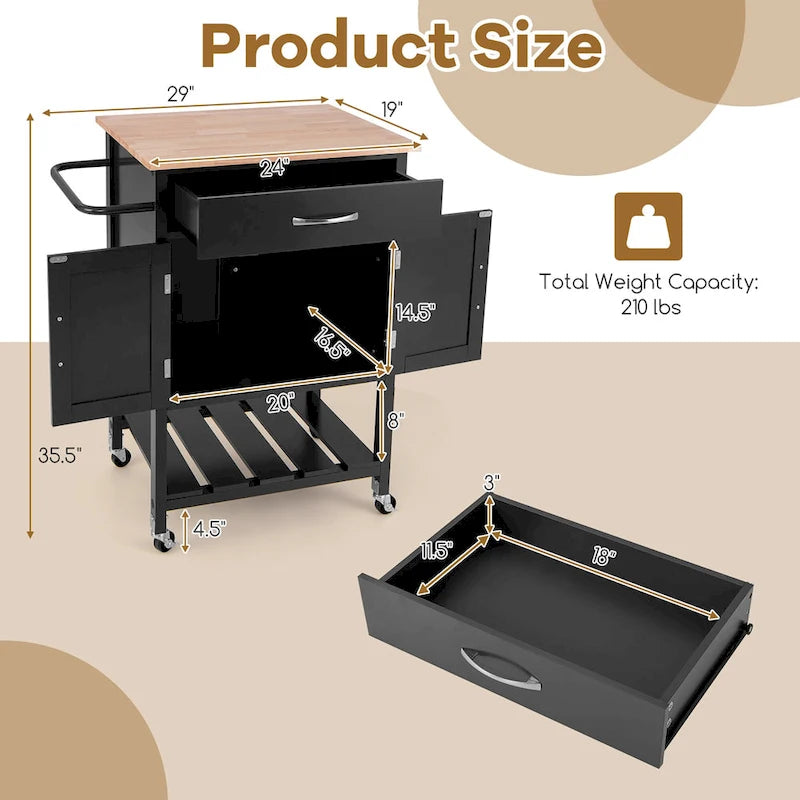 Rolling Kitchen Island Cart - Rubber Wood Top with Drawer, 2-Door Cabinet, Towel Bar, Lockable Wheels, 210 lbs Capacity