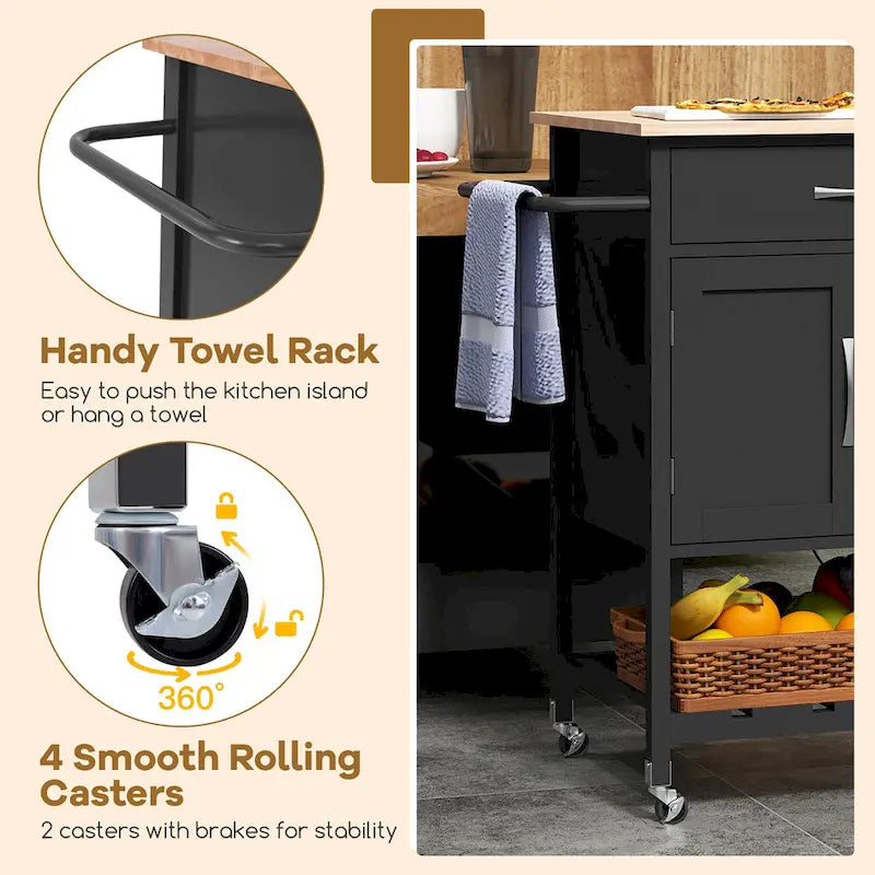 Rolling Kitchen Island Cart - Rubber Wood Top with Drawer, 2-Door Cabinet, Towel Bar, Lockable Wheels, 210 lbs Capacity