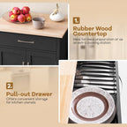 Rolling Kitchen Island Cart - Rubber Wood Top with Drawer, 2-Door Cabinet, Towel Bar, Lockable Wheels, 210 lbs Capacity