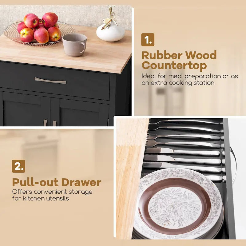 Rolling Kitchen Island Cart - Rubber Wood Top with Drawer, 2-Door Cabinet, Towel Bar, Lockable Wheels, 210 lbs Capacity