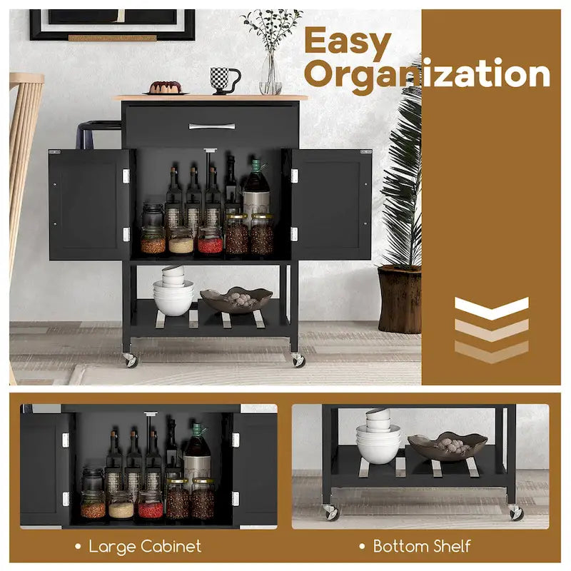 Rolling Kitchen Island Cart - Rubber Wood Top with Drawer, 2-Door Cabinet, Towel Bar, Lockable Wheels, 210 lbs Capacity
