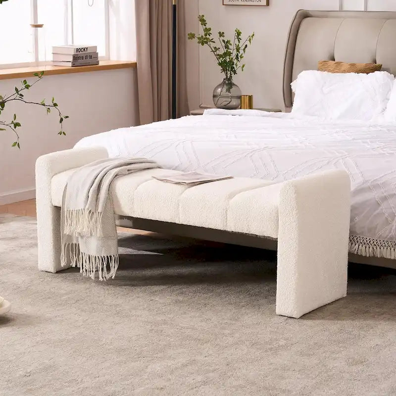 54" Boucle Channel Tufted Bedroom Bench - High-Density Foam, Arm Trays, 250 lbs Capacity, Multi-Purpose Ottoman