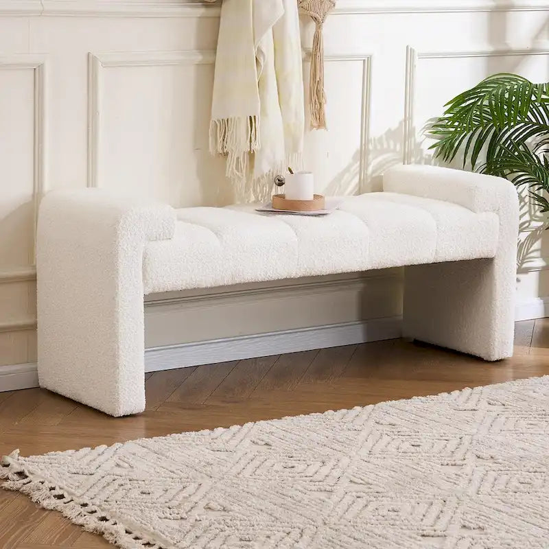 54" Boucle Channel Tufted Bedroom Bench - High-Density Foam, Arm Trays, 250 lbs Capacity, Multi-Purpose Ottoman