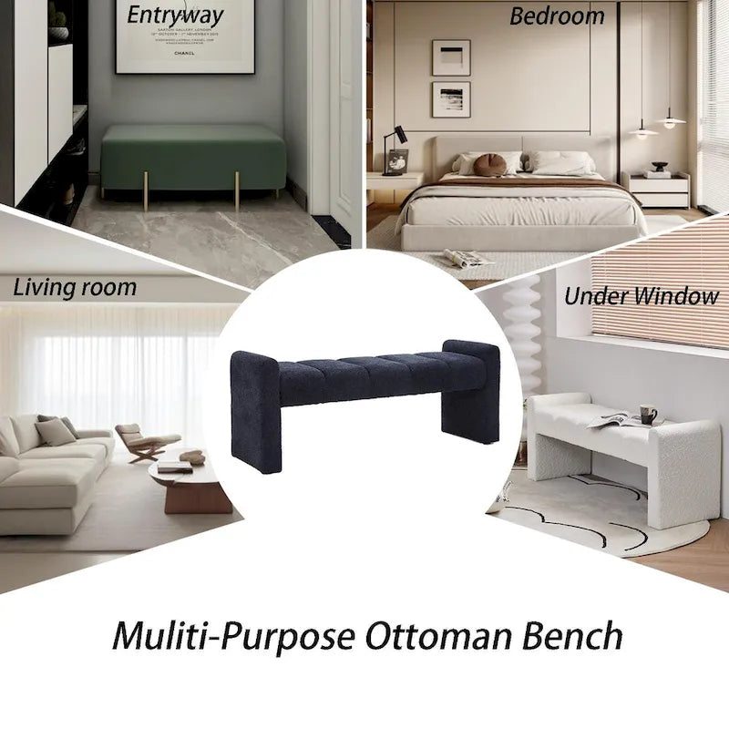 54" Boucle Channel Tufted Bedroom Bench - High-Density Foam, Arm Trays, 250 lbs Capacity, Multi-Purpose Ottoman