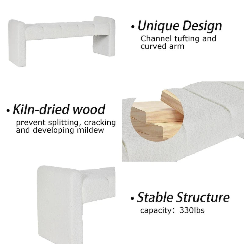 54" Boucle Channel Tufted Bedroom Bench - High-Density Foam, Arm Trays, 250 lbs Capacity, Multi-Purpose Ottoman