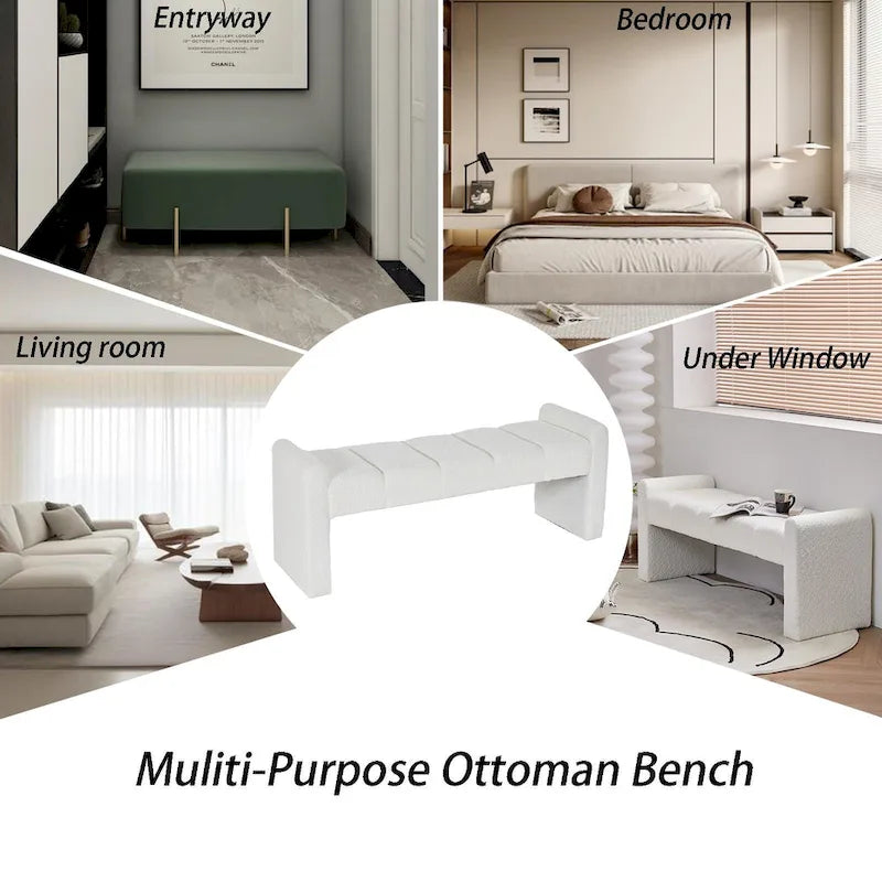 54" Boucle Channel Tufted Bedroom Bench - High-Density Foam, Arm Trays, 250 lbs Capacity, Multi-Purpose Ottoman