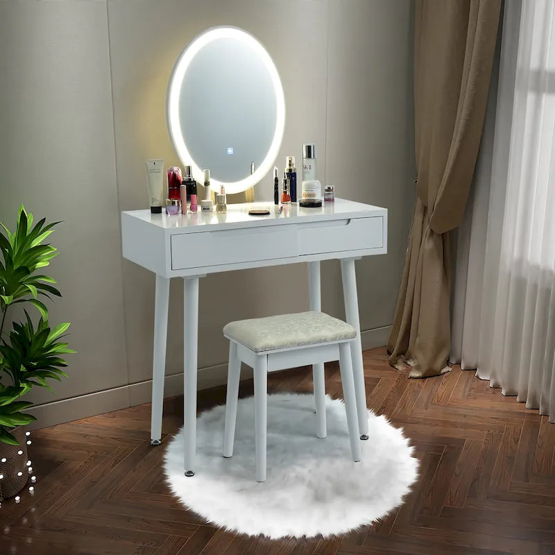 Vanity Makeup Table with LED Touch Screen Mirror - 3 Lighting Modes, 2 Drawers, Cushioned Stool, 31.5" Wide - Modern Dressing Table Set 220lbs