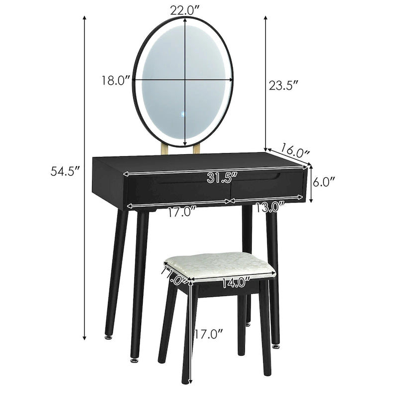 Vanity Makeup Table with LED Touch Screen Mirror - 3 Lighting Modes, 2 Drawers, Cushioned Stool, 31.5" Wide - Modern Dressing Table Set 220lbs