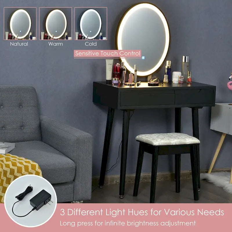 Vanity Makeup Table with LED Touch Screen Mirror - 3 Lighting Modes, 2 Drawers, Cushioned Stool, 31.5" Wide - Modern Dressing Table Set 220lbs