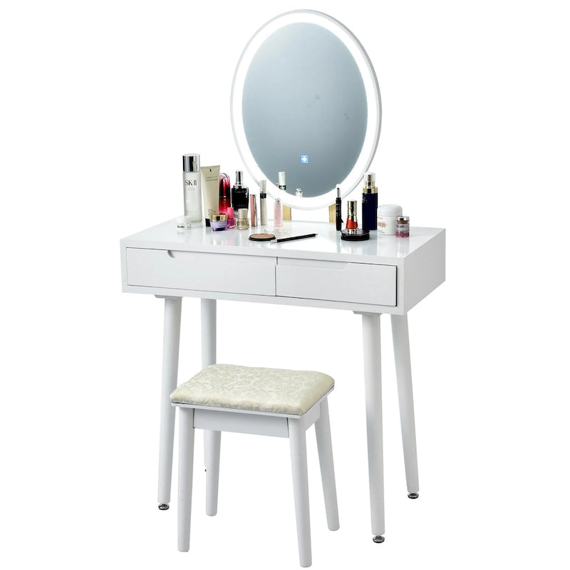Vanity Makeup Table with LED Touch Screen Mirror - 3 Lighting Modes, 2 Drawers, Cushioned Stool, 31.5" Wide - Modern Dressing Table Set 220lbs