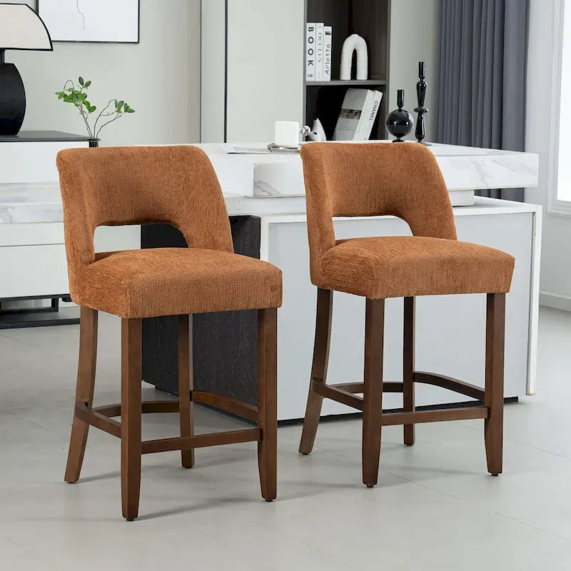 Bar Stools Set of 2 - Solid Birch Wood Legs - High-Density Foam - Fabric Upholstery - Ergonomic Hollow Backrest - Footrest - Adjustable Caps - Easy Assembly